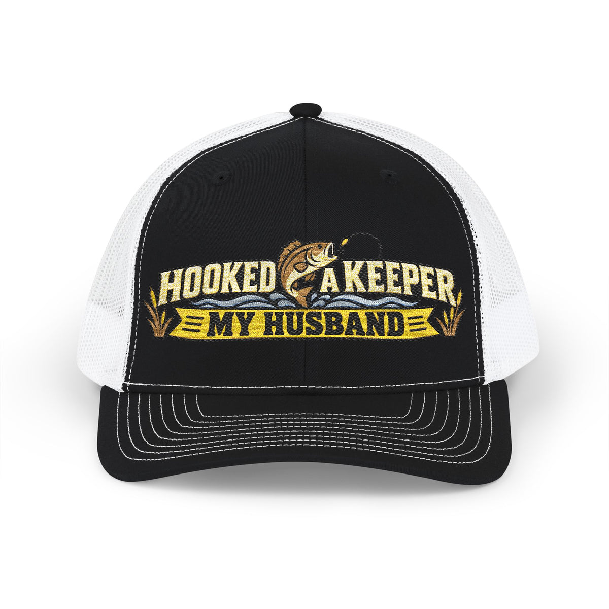 Black cap with hooked a keeper  logo on a with a fisher motif.