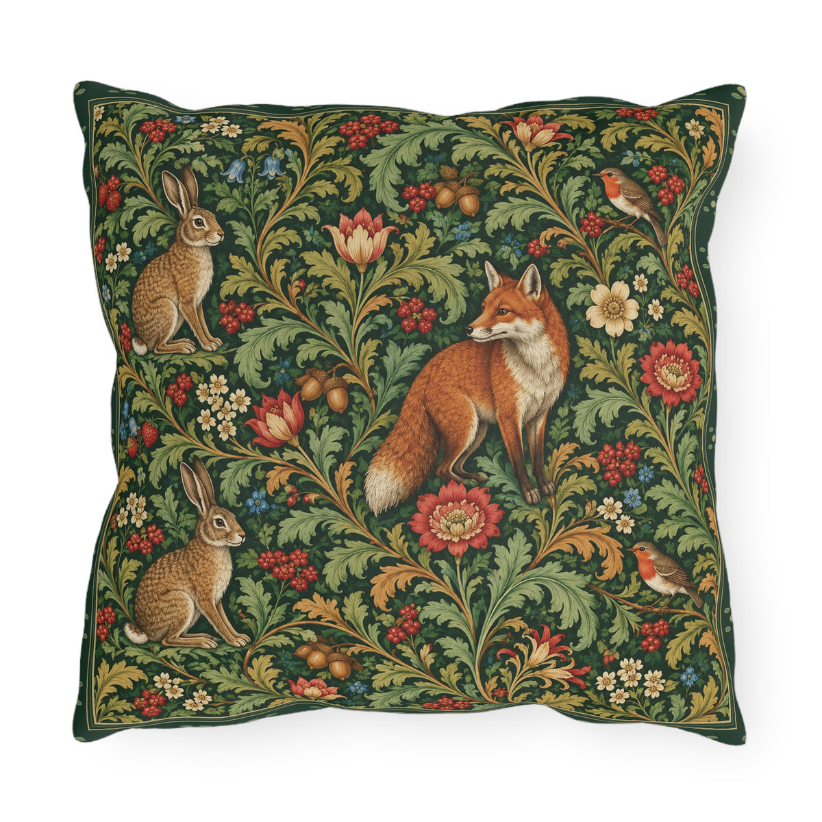 A square decorative throw pillow featuring a classic William Morris-style floral and animal tapestry pattern with a fox, rabbits, and birds on a dark green background.