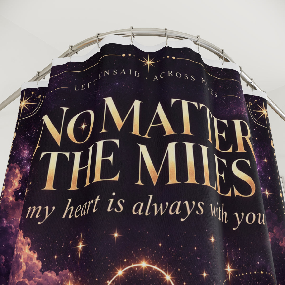Celestial shower curtain featuring moonlit clouds, romantic message and glowing golden stars