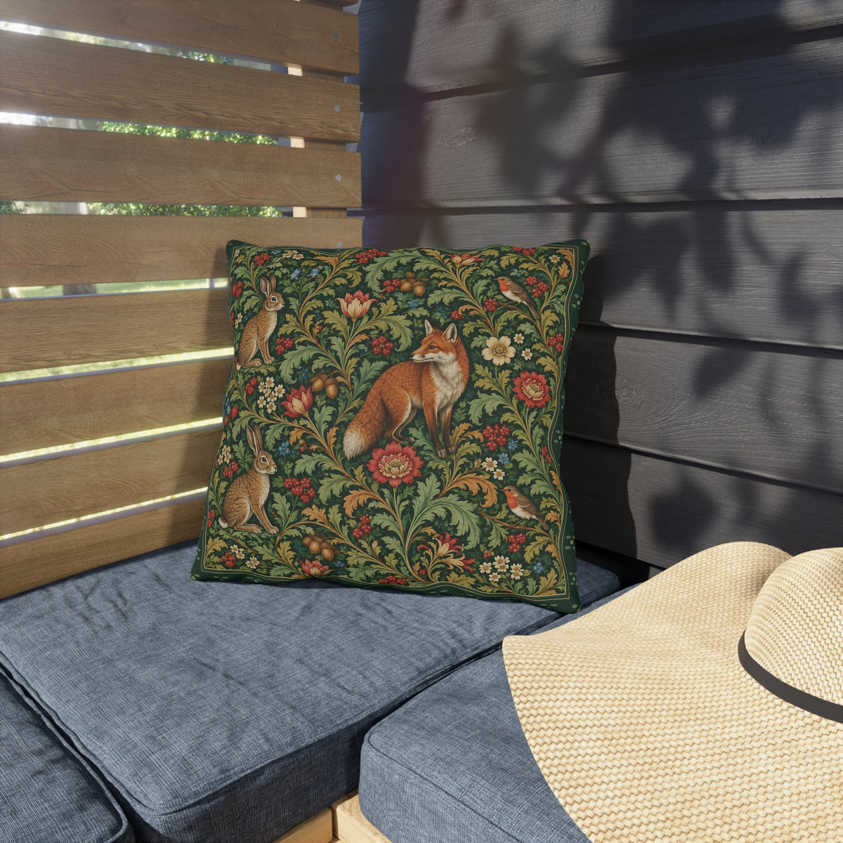 A square decorative throw pillow with a detailed floral and animal tapestry pattern featuring a fox, rabbits, and flowers, resting on a blue outdoor patio cushion next to a straw hat.