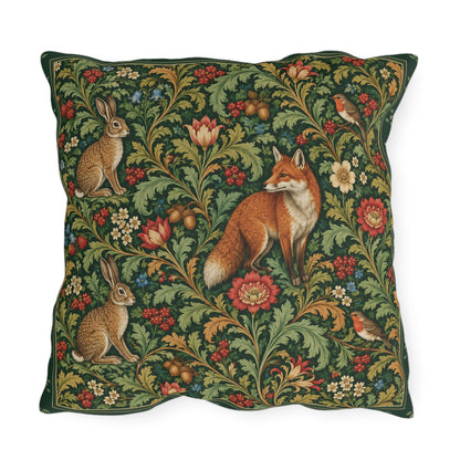A square decorative throw pillow featuring a classic woodland tapestry-style print with a fox, two rabbits, and small birds among red flowers and green foliage on a dark green background.