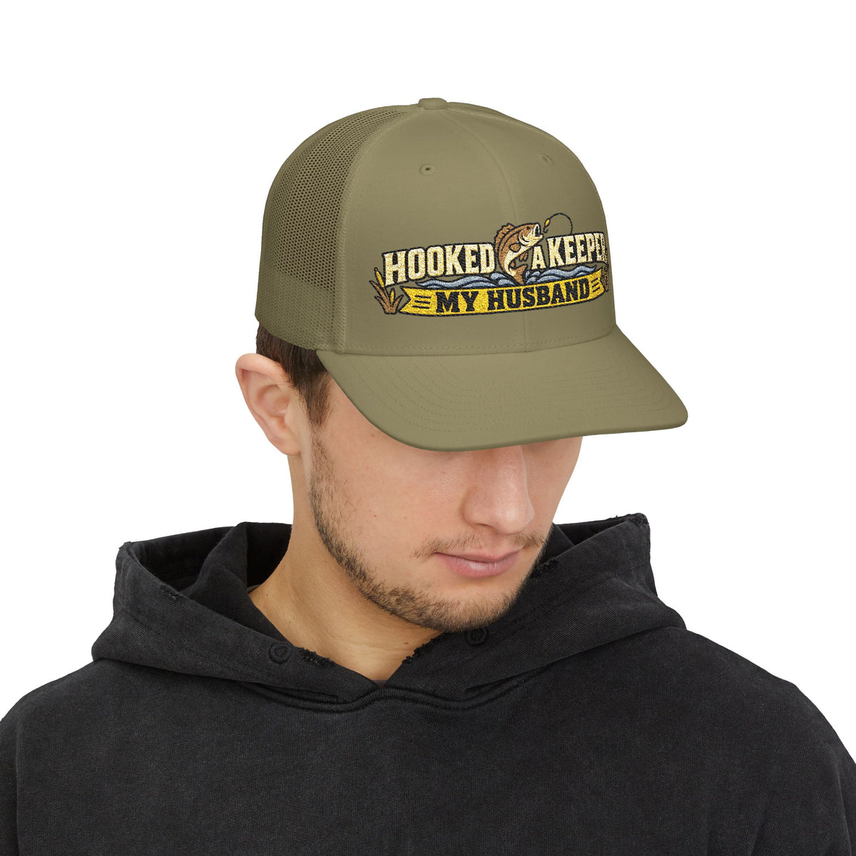 Funny Fishing Trucker Hat – Hooked on My Husband