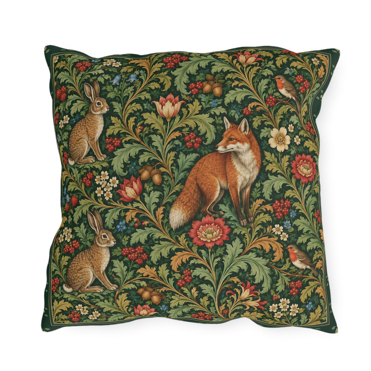 A square decorative throw pillow featuring a classic William Morris-style floral and animal tapestry pattern with a fox, rabbits, and birds on a dark green background.