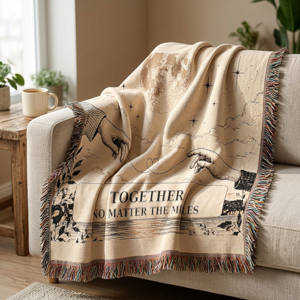 A beige throw blanket with multicolor fringe and black illustrated text reading “TOGETHER NO MATTER THE MILES,” draped over a light gray sofa in a softly lit living room.