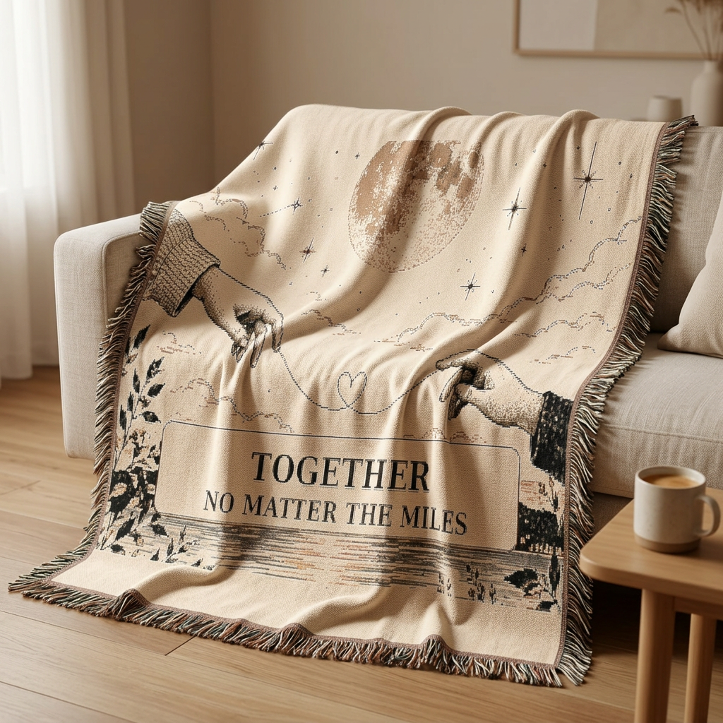 A cream-colored throw blanket with black line art of hands holding, stars, and a moon, draped over a light gray sofa in a living room. The blanket features the text 'TOGETHER NO MATTER THE MILES' and has fringed edges.