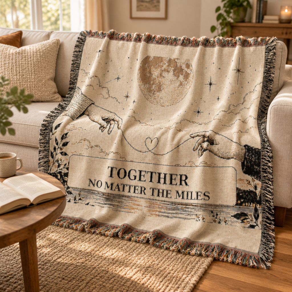 A woven throw blanket draped over a sofa in a living room. The blanket has a cream background with a celestial print featuring a moon, stars, hands reaching toward each other, and the text 'TOGETHER NO MATTER THE MILES' with fringe around the edges.