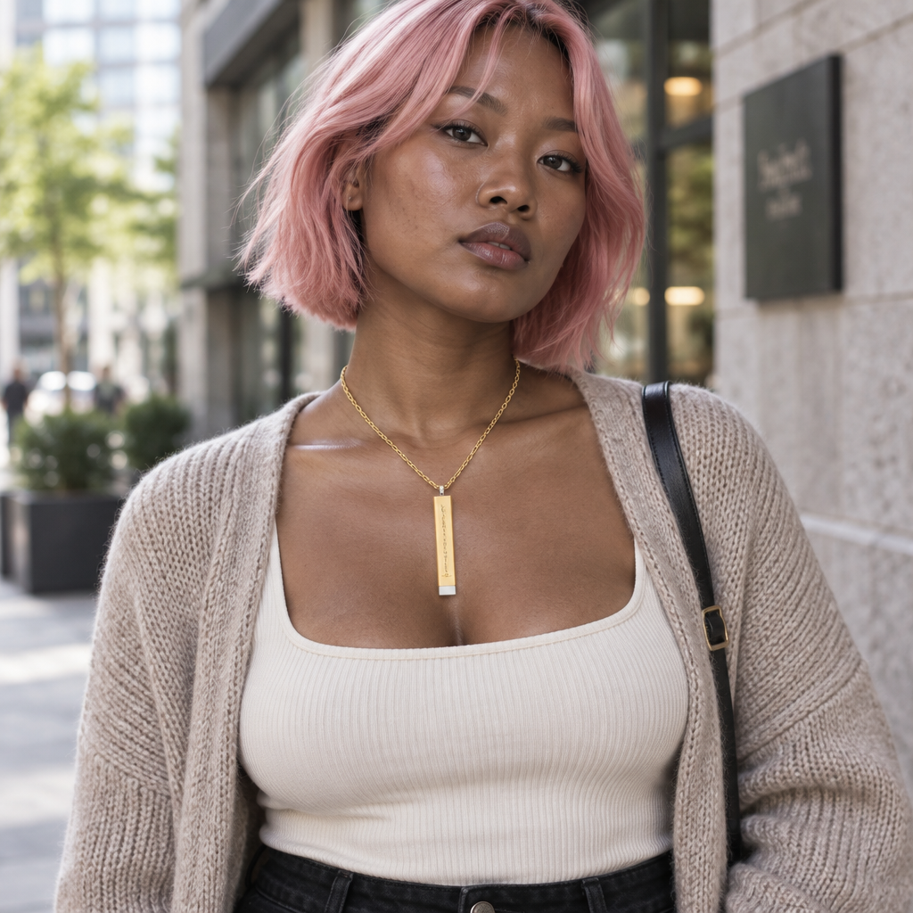 Woman wearing gold tone Across the Miles sliding bar necklace with casual cream cardigan