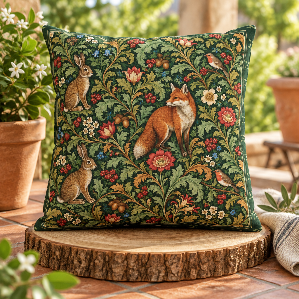 A square decorative throw pillow with a detailed botanical and animal print, displayed on a rustic wood slice in an outdoor garden setting.