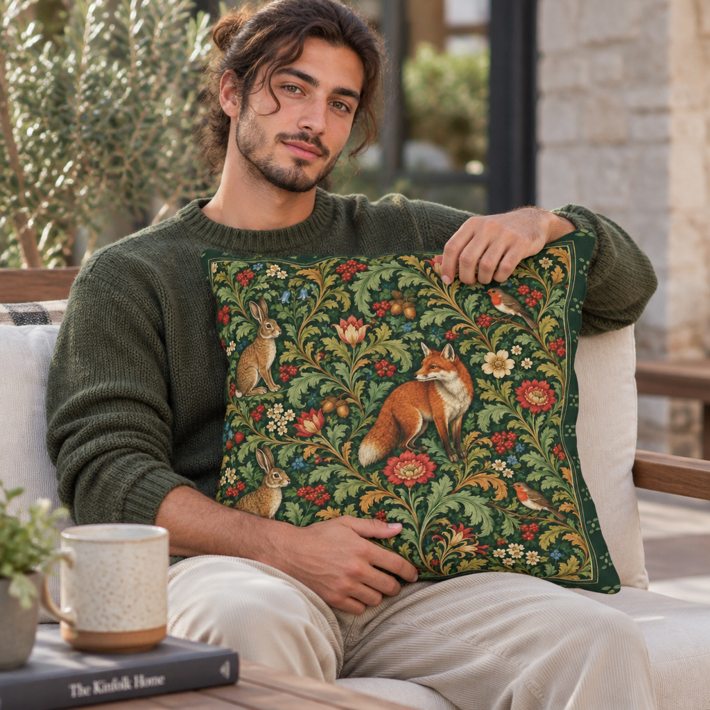 Woodland fox rabbit and robin outdoor cushion styled on a patio chair
