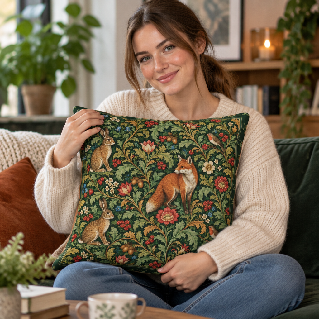 A woman sitting on a couch holds a square decorative throw pillow with a detailed tapestry-style print of foxes, rabbits, and flowers on a dark green background. The scene is set in a cozy living room with plants, a bookshelf, and a mug on a table.