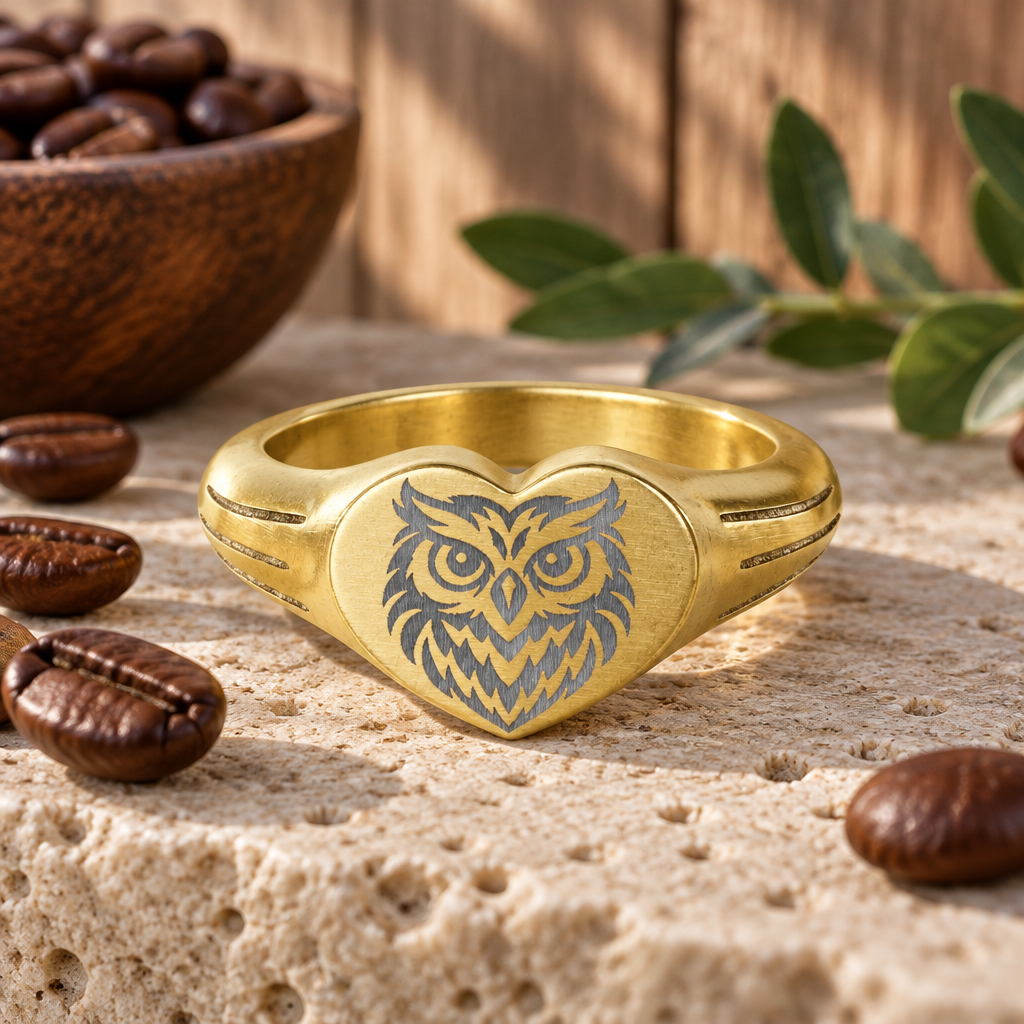 Owl heart ring with polished gold finish and engraved bird motif