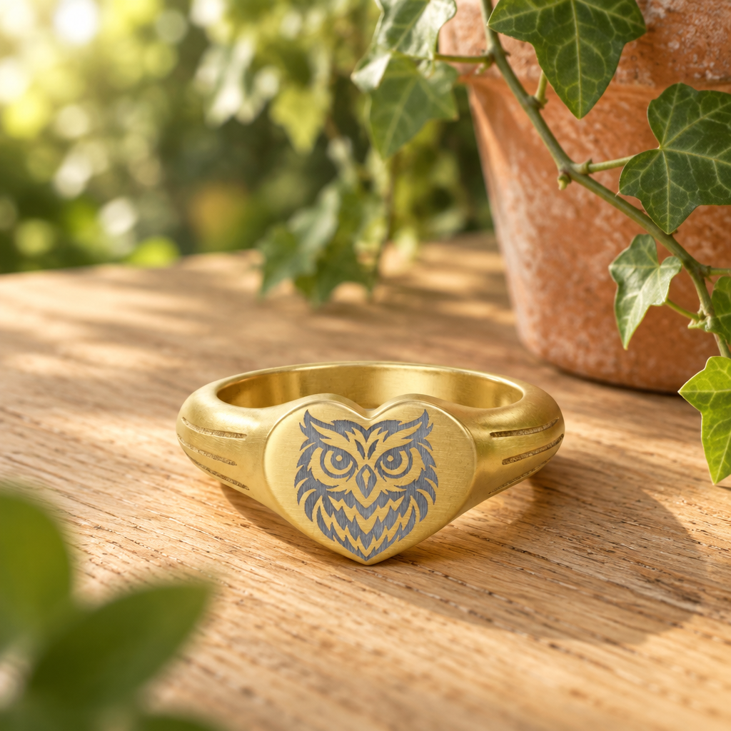 Close-up of engraved owl heart signet ring in 18K gold PVD finish
