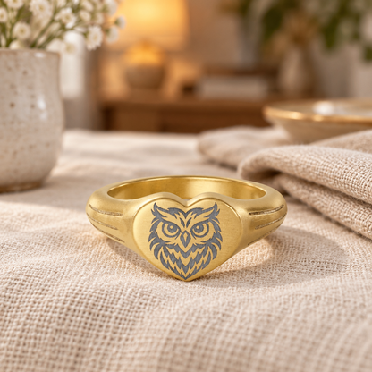 Owls ring with engraved owl on heart-shaped gold signet