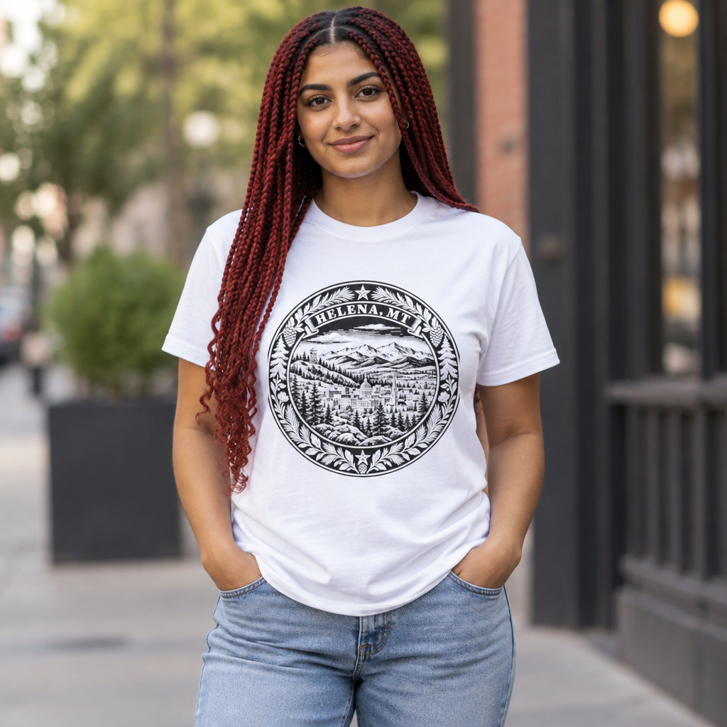 Woman wearing white Helena Montana graphic T-shirt with circular black-and-white mountain wilderness print
