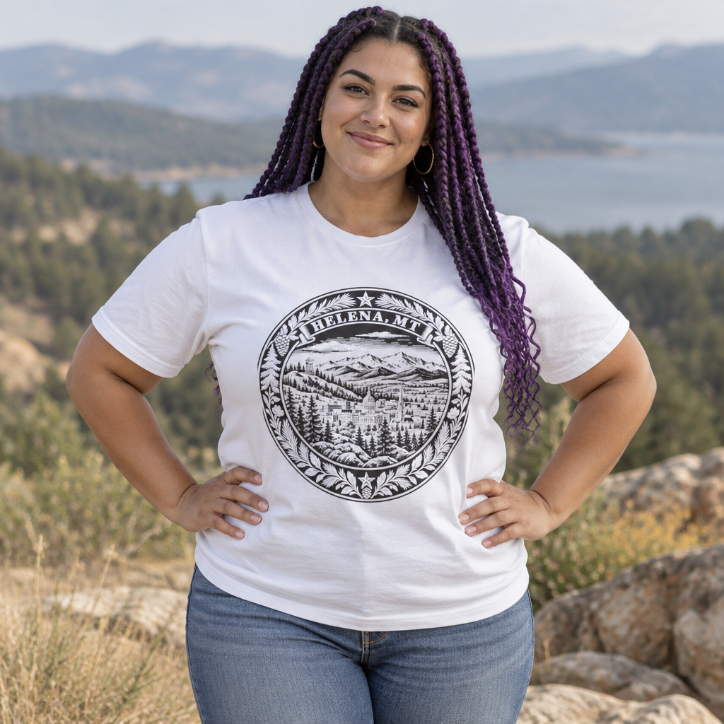 Woman wearing white Helena Montana graphic T-shirt with circular black-and-white mountain wilderness print