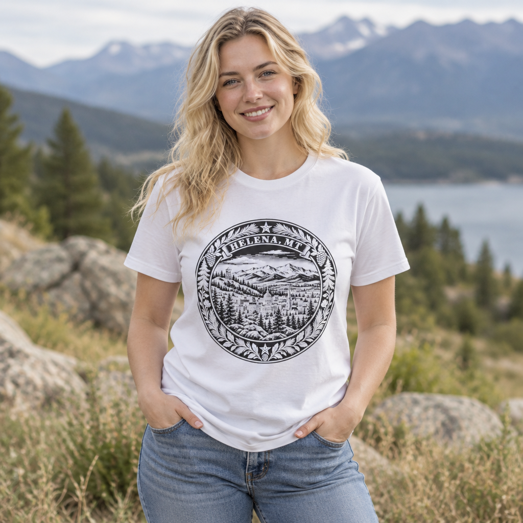 White Montana mountain landscape T-shirt with black vintage Helena MT emblem featuring mountains, pine forest, stars and botanical border