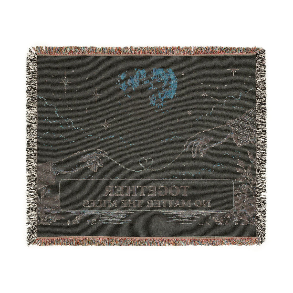 A square woven throw blanket with fringe edges, featuring a dark night-sky design with stars, a blue moon, two reaching hands, and the text 'TOGETHER NO MATTER THE MILES' on a white background.