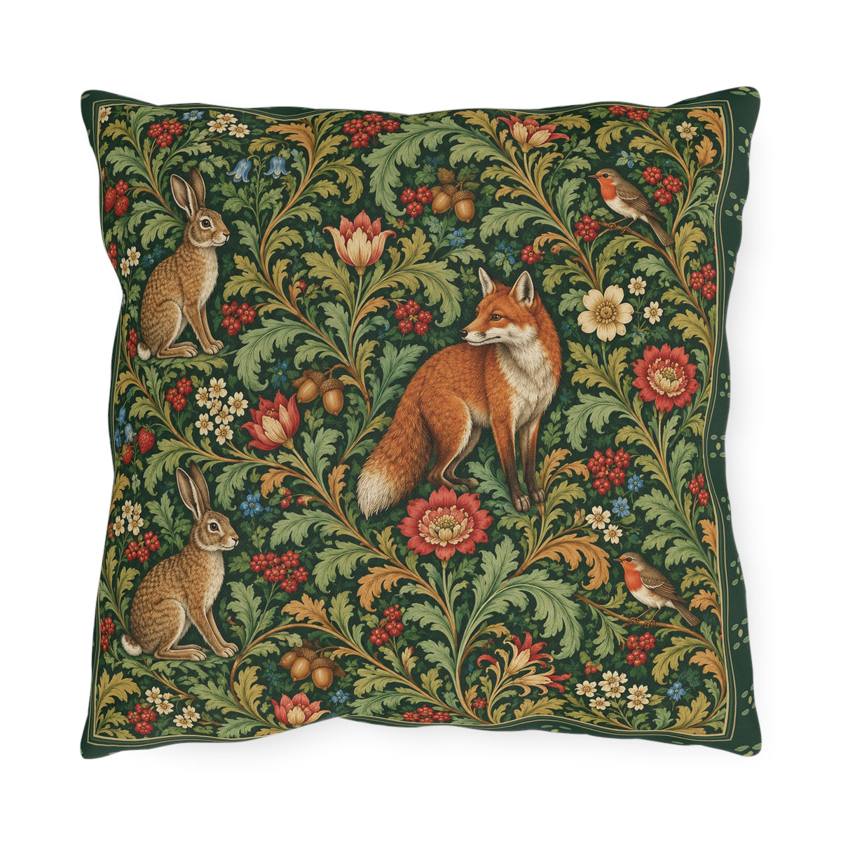 A square decorative throw pillow featuring a detailed, classic-style woodland tapestry pattern with a fox, rabbits, birds, and flowers on a dark green background.