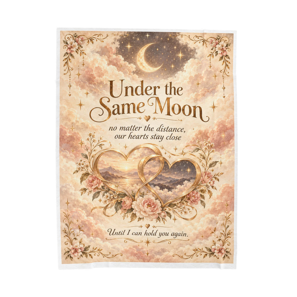 Under the Same Moon plush blanket with golden hearts and blush flowers displayed on a bed