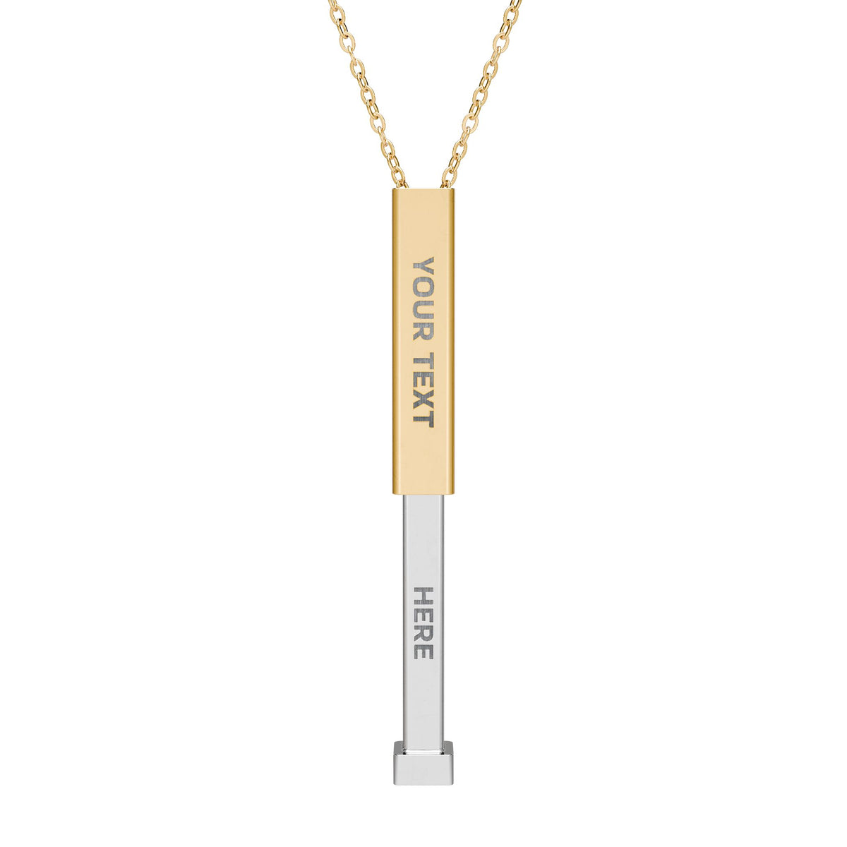 A gold and silver split bar pendant necklace on a delicate gold chain, featuring customizable text placeholders 'YOUR TEXT' and 'HERE' on a clean white background.