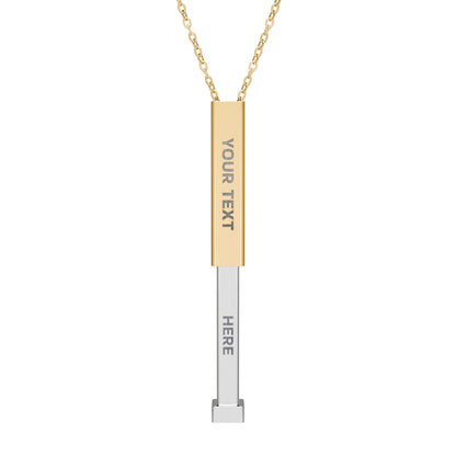 A gold and silver split bar pendant necklace on a delicate gold chain, featuring customizable text placeholders 'YOUR TEXT' and 'HERE' on a clean white background.