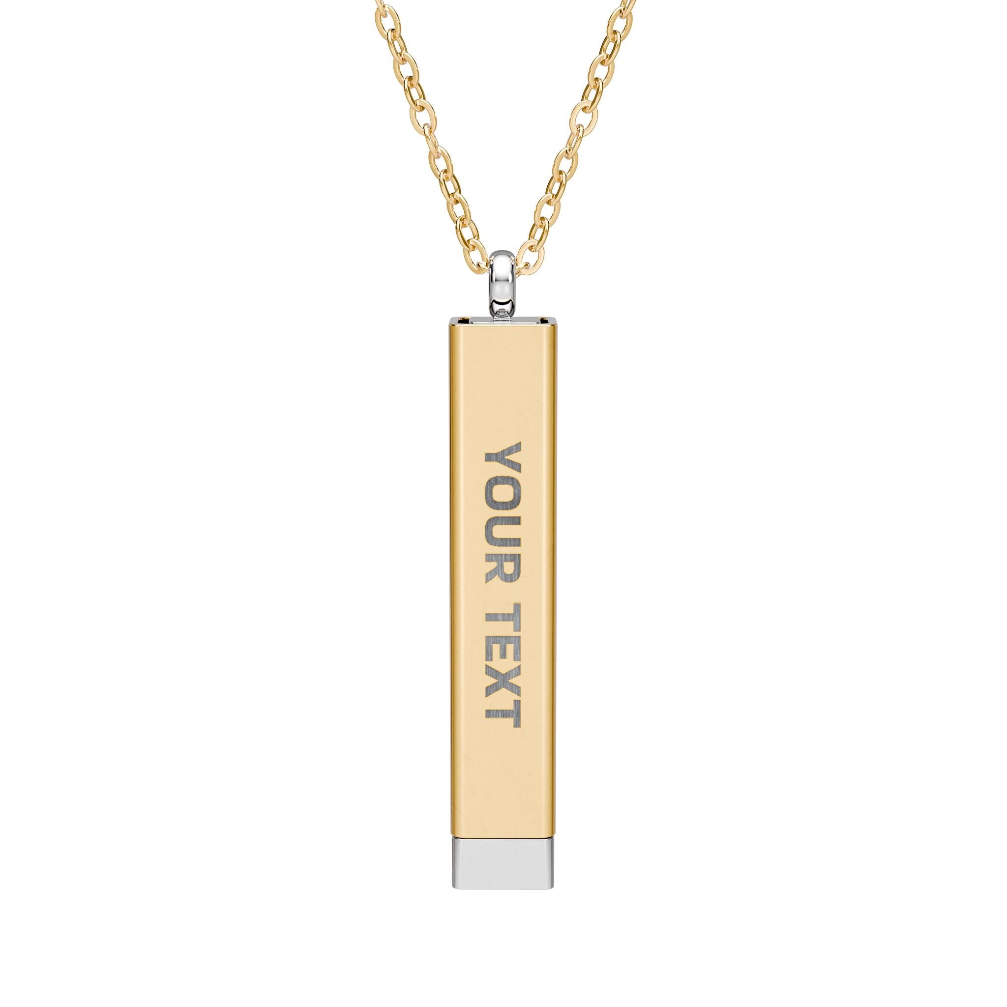 Gold tone personalized hidden message sliding bar necklace shown closed