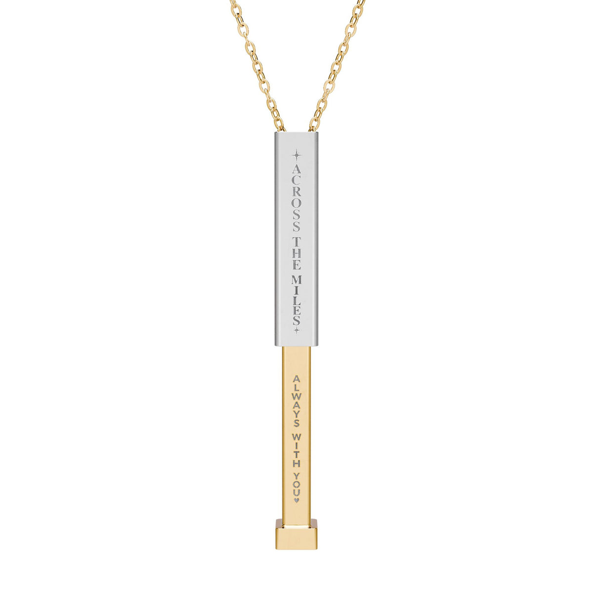 A gold and silver bar pendant necklace on a white background, featuring engraved text including '+ ACRONSTHEMES' and 'AWAYAWAYGO'.