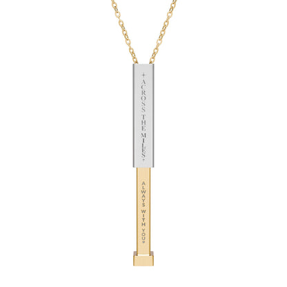 A gold and silver bar pendant necklace on a white background, featuring engraved text including '+ ACRONSTHEMES' and 'AWAYAWAYGO'.