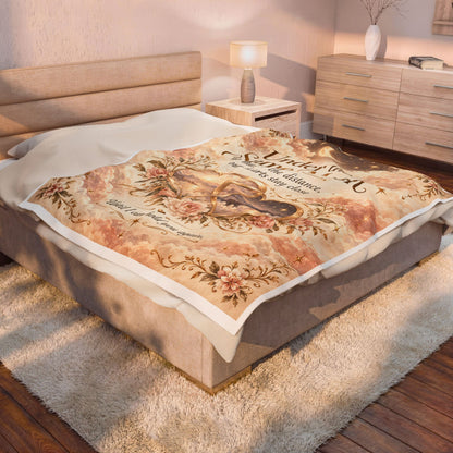 A vintage-style printed blanket draped over a bed in a warm, modern bedroom setting. The blanket features a sepia-toned background with floral illustrations, cursive script, and a central illustration of a horse.