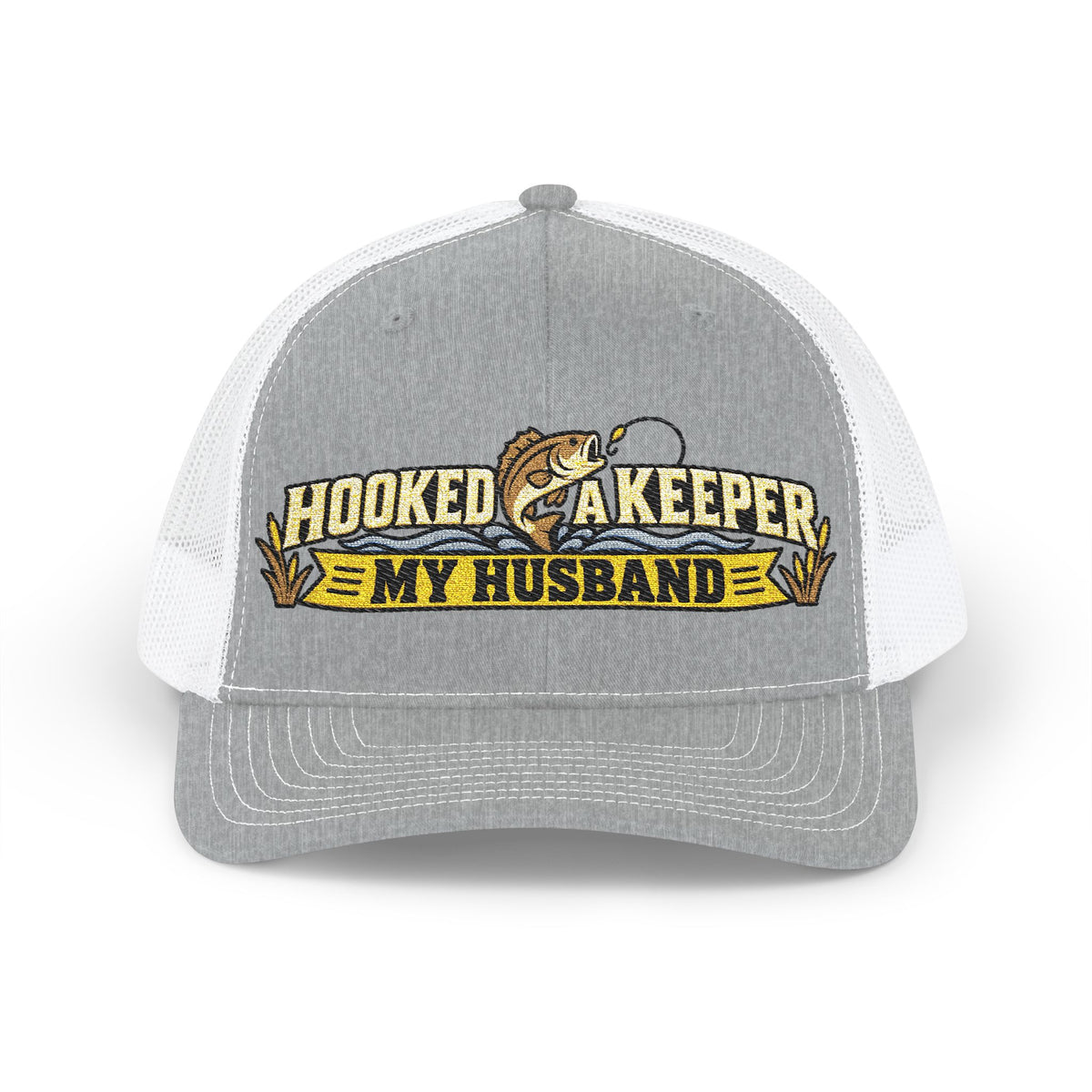 A heather gray and white trucker hat with a front graphic that reads 'HOOKED AS KEEPER MY HUSBAND' with a fish illustration, shown on a plain white background.