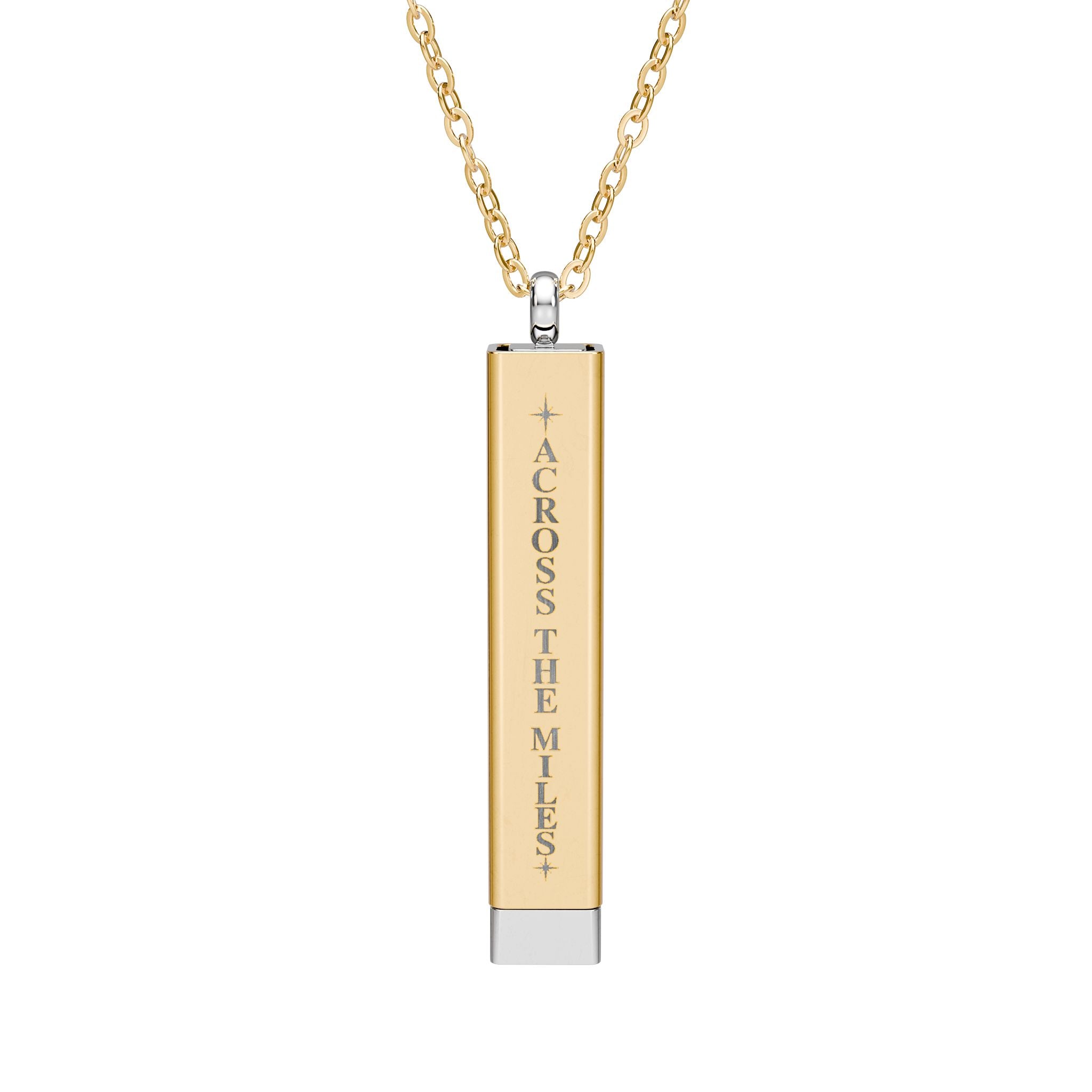 Gold tone Across the Miles hidden message sliding bar necklace shown closed