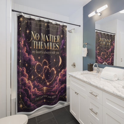 Bathroom with a patterned shower curtain, white vanity, and mirror.