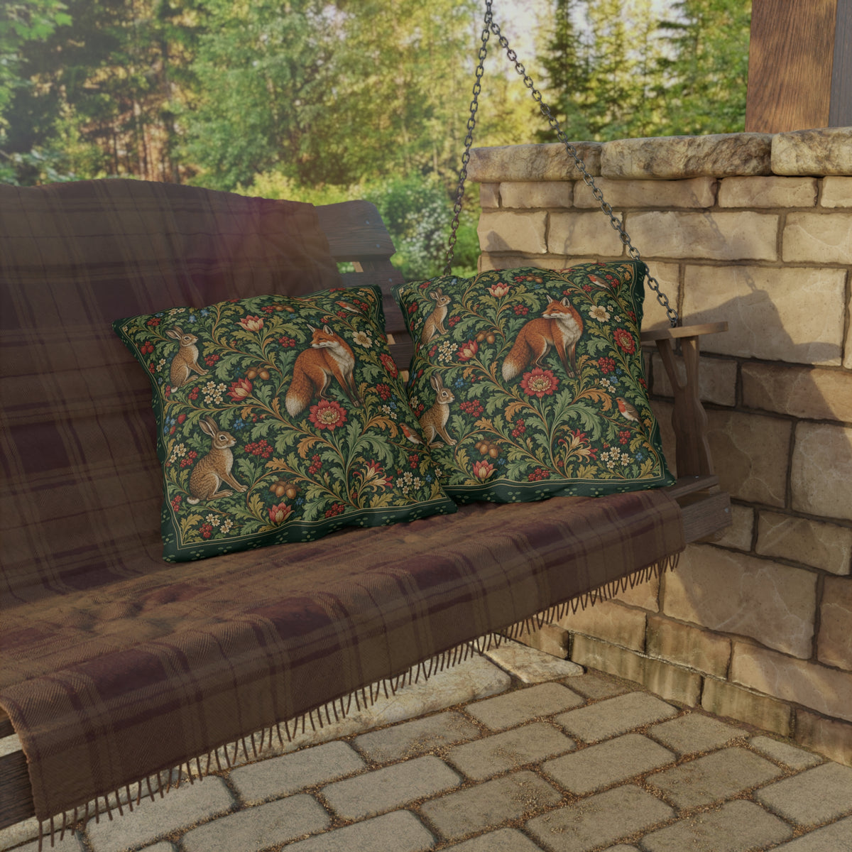 Two decorative throw pillows with a detailed woodland fox and squirrel pattern in green, red, and orange, styled on a rustic wooden porch swing with a brown plaid blanket, set against a stone wall and brick patio.