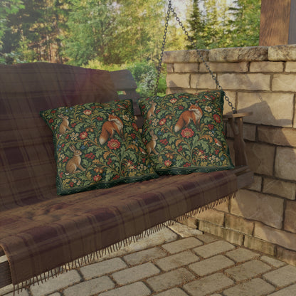 Two decorative throw pillows with a detailed woodland fox and squirrel pattern in green, red, and orange, styled on a rustic wooden porch swing with a brown plaid blanket, set against a stone wall and brick patio.