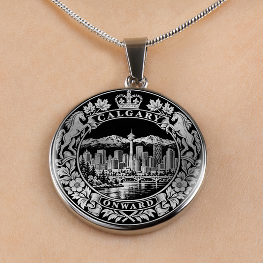 A round silver pendant necklace featuring an engraved Calgary cityscape with mountains, skyline, water, and decorative floral borders, shown worn on a person's neck against a light skin tone background.