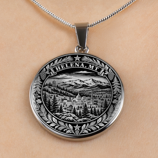 A silver round pendant necklace featuring the scenic Helena, Montana seal, shown worn on a person's neck against a warm beige skin background.