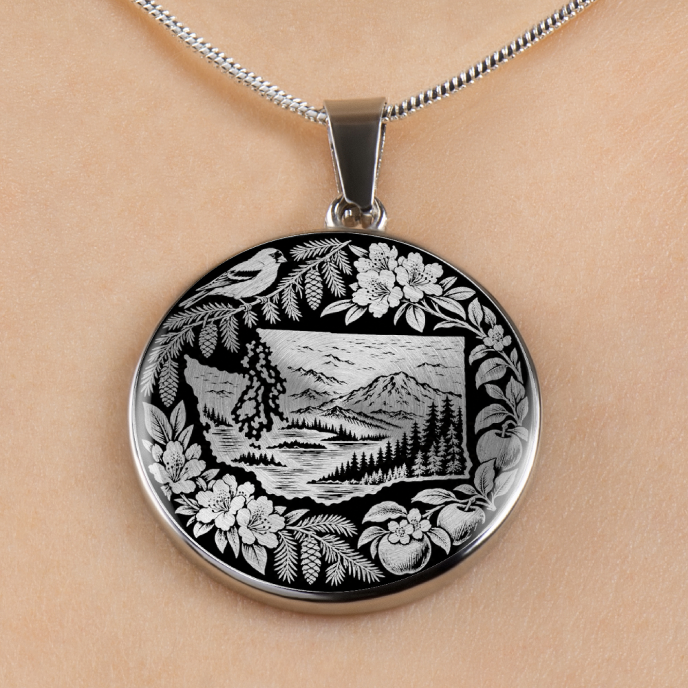 Silver Washington State nature necklace with mountain forest landscape, perched bird, flowers, ferns and botanical border