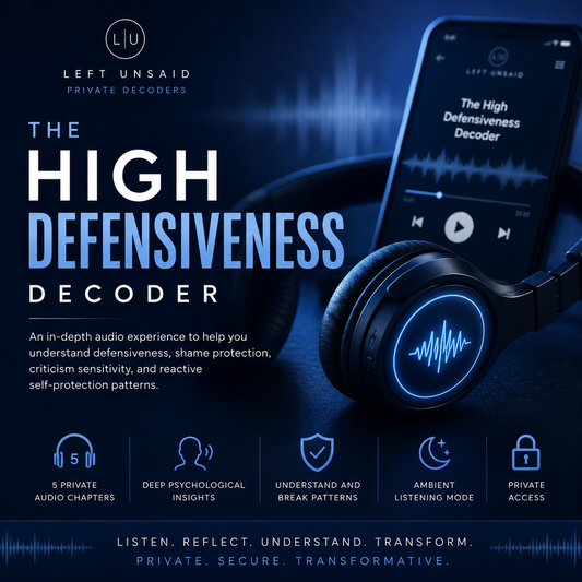 Headphones and smartphone with 'The High Defensiveness Decoder' app on a dark background