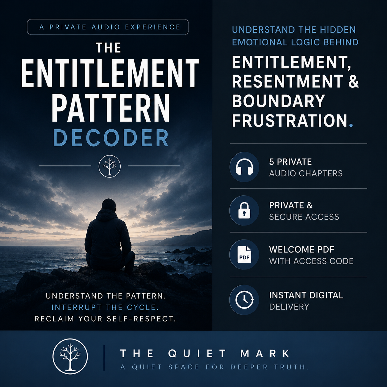 Promotional graphic for 'The Entitlement Pattern Decoder' by The Quiet Mark, featuring a silhouette of a person sitting on a rock with a sunset or sunrise in the background.