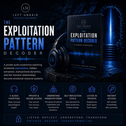 Dark blue cinematic cover art for The Exploitation Pattern Decoder featuring headphones, smartphone audio player, waveform graphics, and private psychological audio branding.