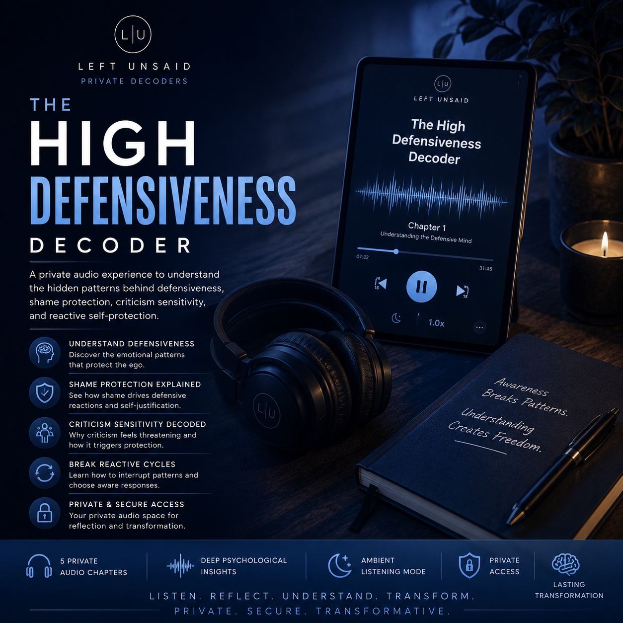 Digital device displaying 'The High Defensiveness Decoder' with headphones and a book on a dark background.