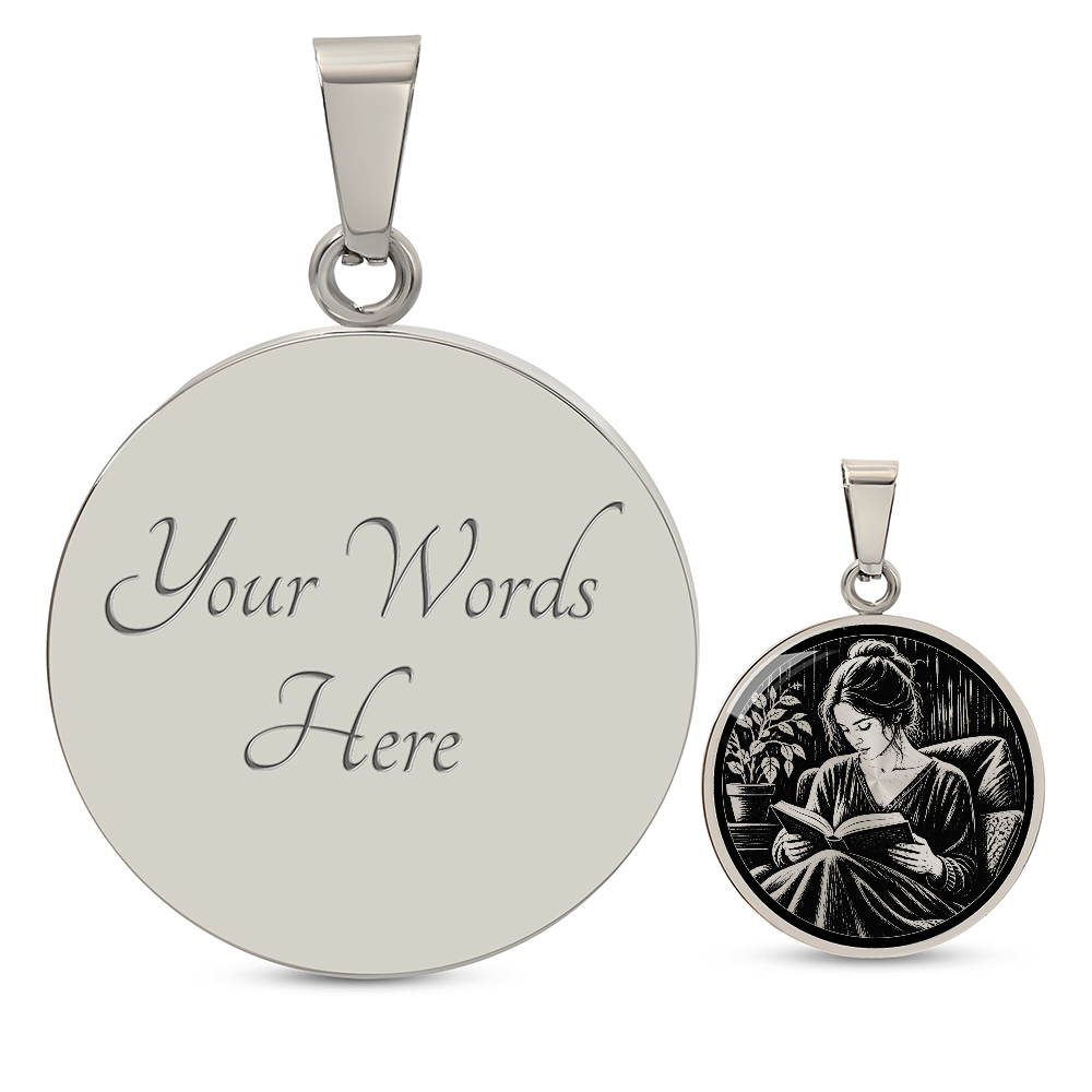 Woman Reading Necklace – Linocut Book Lover Pendant