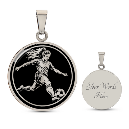 Optional back engraving on round female soccer player pendant necklace