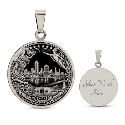 Silver Machala Ecuador necklace with waterfront skyline, agricultural figure, ships, lighthouse and 1824 heritage emblem