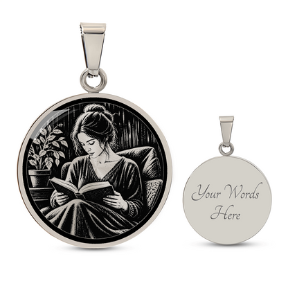 Woman Reading Necklace – Linocut Book Lover Pendant