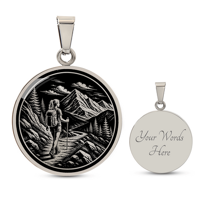 Woman Hiking Necklace – Linocut Mountain Adventure Pendant
