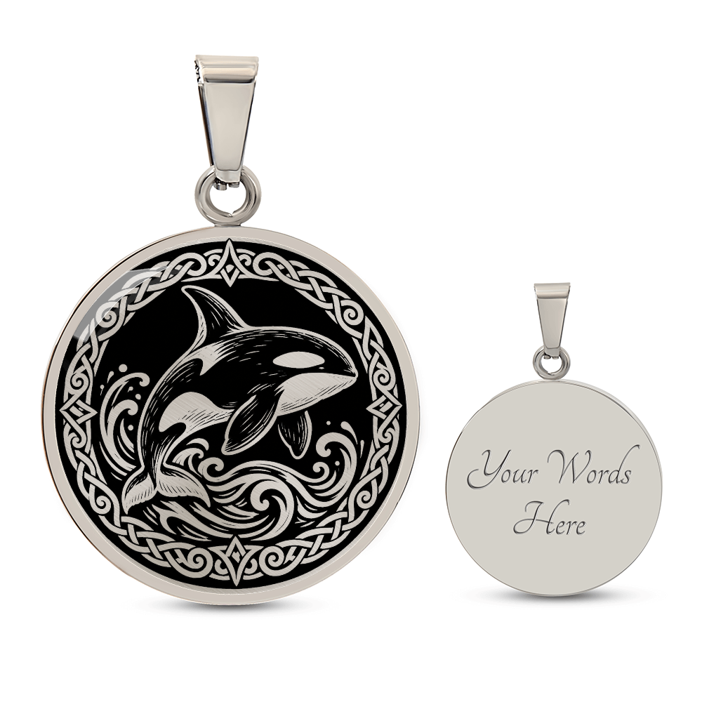 Silver orca whale pendant necklace with Viking knotwork border and ocean waves with engraving options