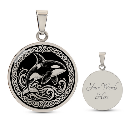 Silver orca whale pendant necklace with Viking knotwork border and ocean waves with engraving options