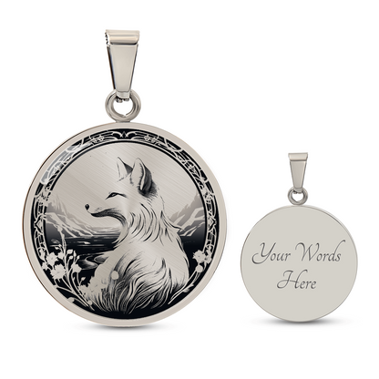 Monochrome Fox Necklace – Mountain & Floral Pendant