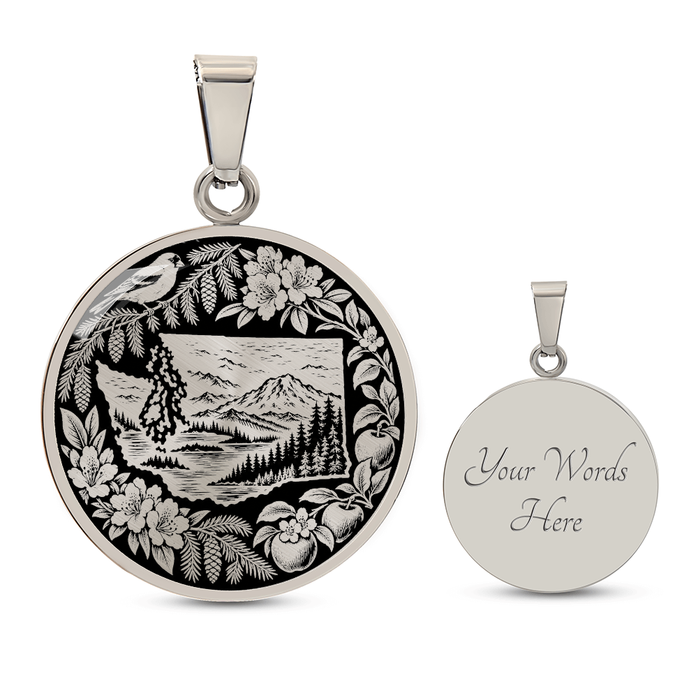 Gold finish Washington State mountain necklace with evergreen forest, bird, rhododendron-inspired flowers and ornate botanical design